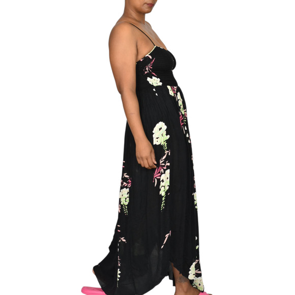 Free People Beau Midi Dress Black Floral Gauzy Smock Slip Sweetheart Sundress XS - Picture 2 of 15